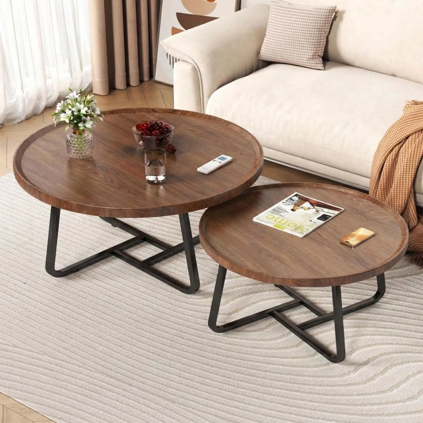 Mid Century Modern Nesting Coffee Table Set,  Wood With  Sturdy Metal Frame,