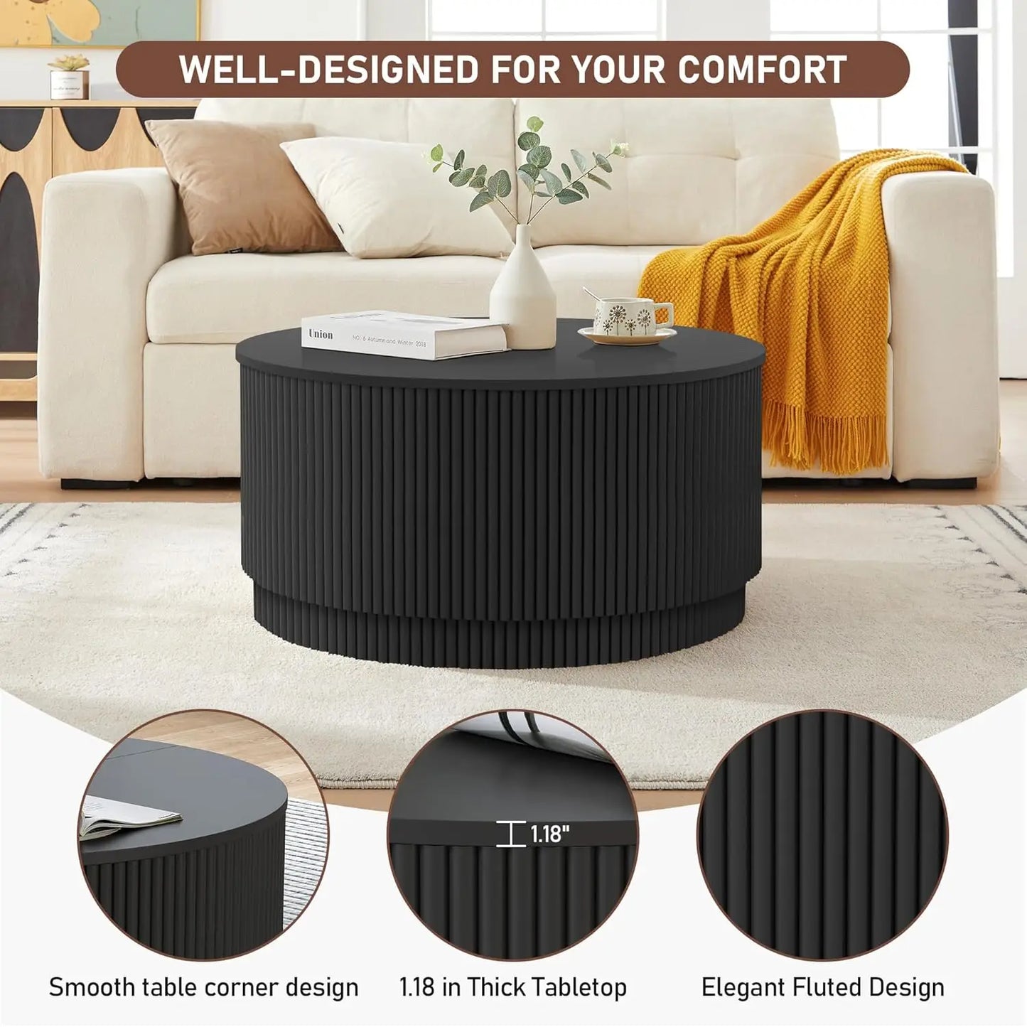 31.5" Modern Accent Round Coffee Table with Storage and Fluted Edge