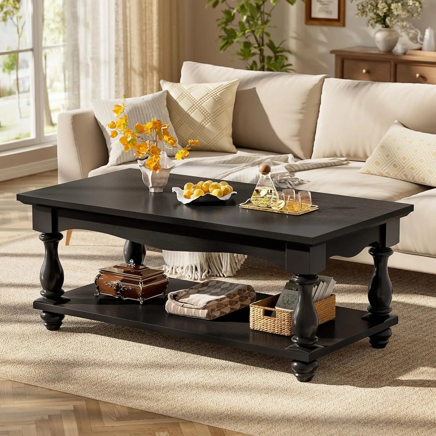 Farmhouse Coffee Table with Storage, Mid Century Coffee Tables for Living Room, 47 inch Modern 2-Tier Rectangle, Customized