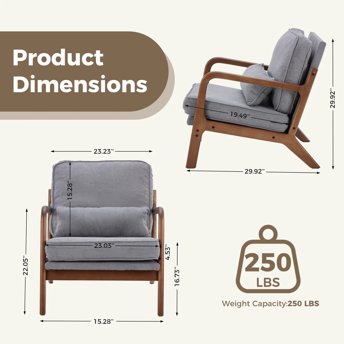 Mid Century Modern Lounge Chair,  Solid Wood Frame,