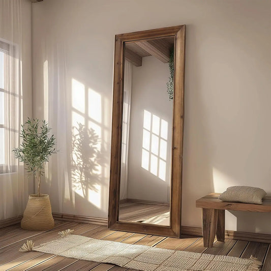 Full Length Rustic Wood Frame Floor or Wall Mounted Mirror 64x21 Inches