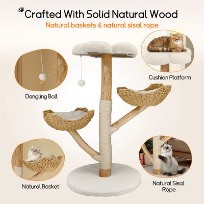Modern Indoor Cat Activity Tower with Plush Cushion, Scratching Post and Toy Ball.