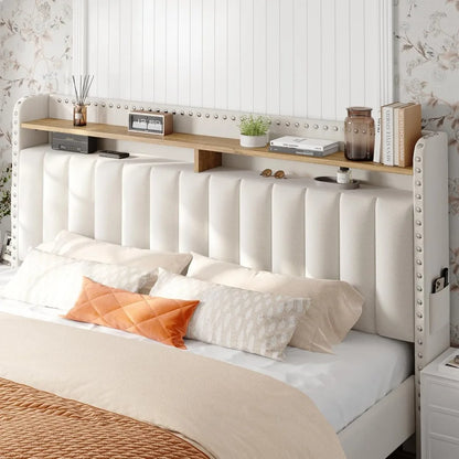 Queen Size Upholstered Bed Frame, with 2 Storage Drawers and 2-Tier Vertical Tufted Headboard