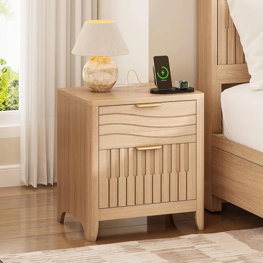 Fluted Nightstand with Charging Station with 2 Storage Drawers