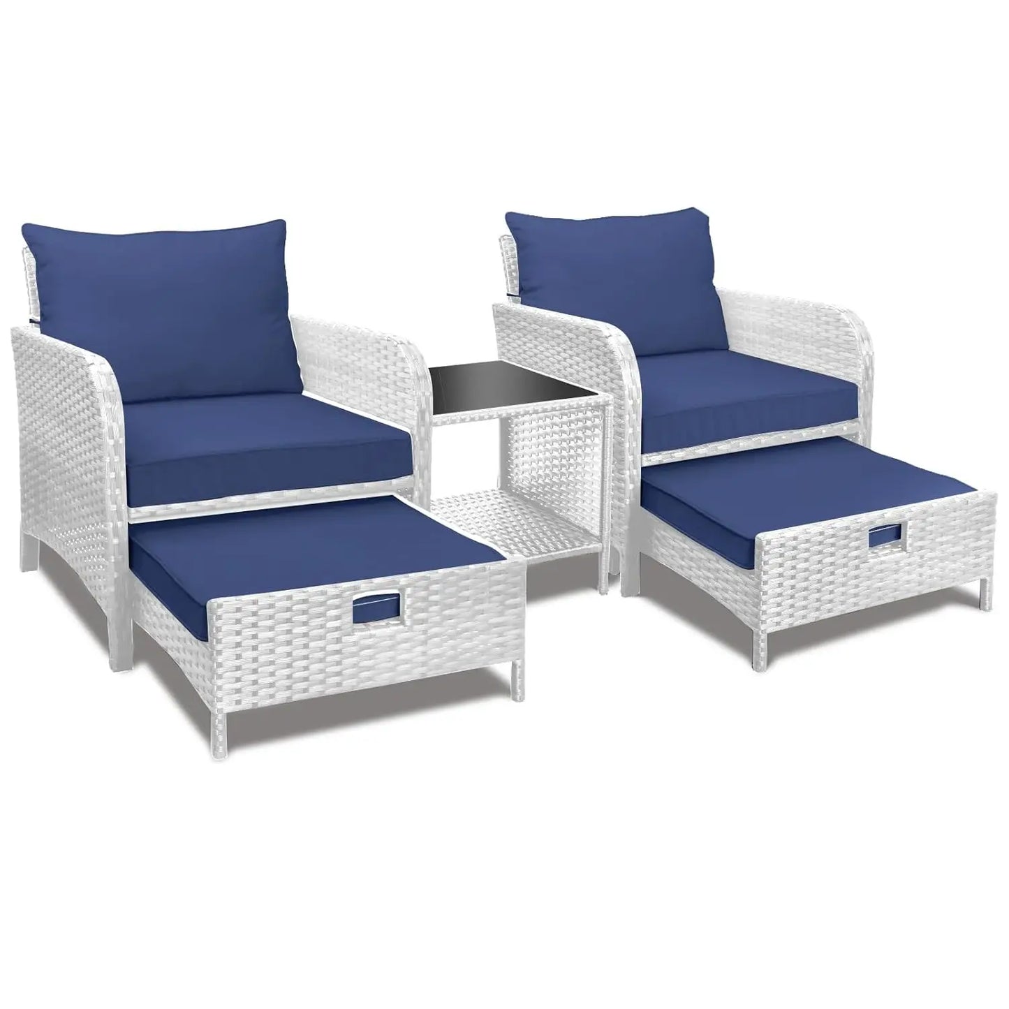 5 Piece Balcony Wicker Rattan Furniture Patio Conversation Set with Lounge Chairs and Footstools.