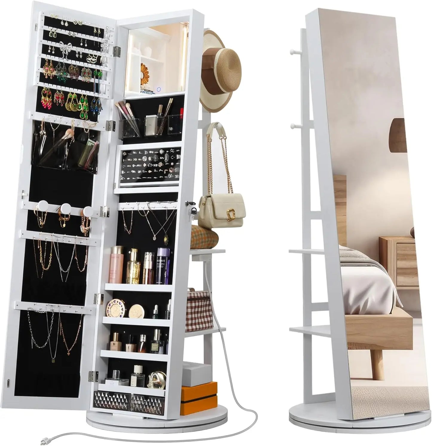 IRONCK 360° Swivel Mirrored Jewelry Cabinet with Full-Length Mirror, Charging Station, Interior Mirror, LED Lights, White