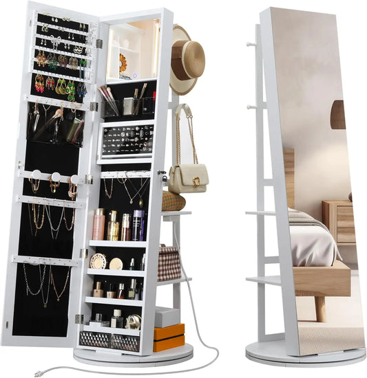 IRONCK 360° Swivel Mirrored Jewelry Cabinet with Full-Length Mirror, Charging Station, Interior Mirror, LED Lights, White