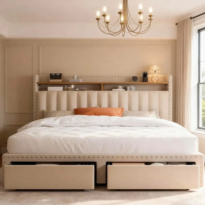 Queen Size Upholstered Bed Frame, with 2 Storage Drawers and 2-Tier Vertical Tufted Headboard