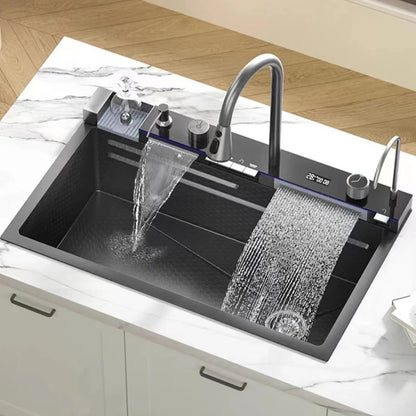 304 Stainless Steel Kitchen Sink with Digital Display Waterfall Faucet