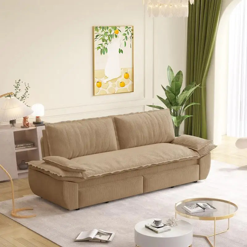 73.2" Queen Sofa Bed, 3-in-1 Convertible Sleeper, Multi-Functional Corduroy Loveseat in Camel Color