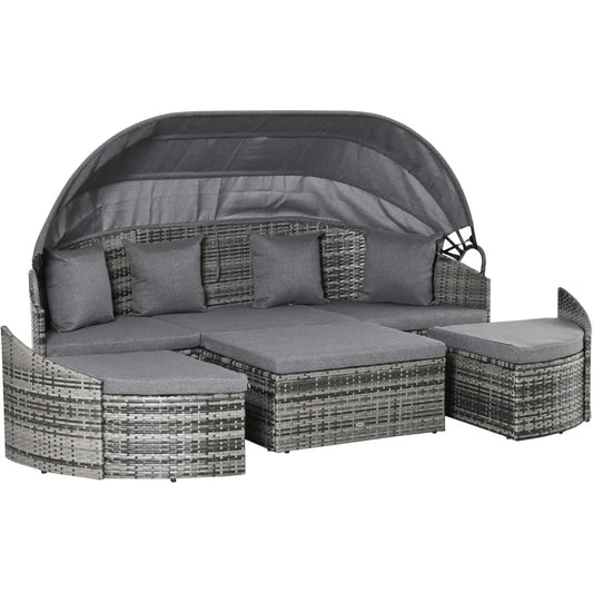 4- Piece Round Rattan Convertible Patio Daybed/ Sectional Sofa with Canopy, Pillows & Cushions.