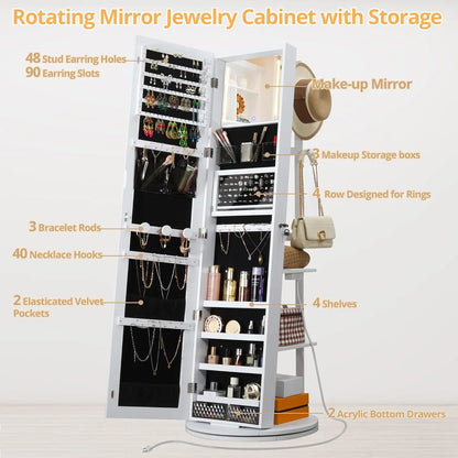 IRONCK 360° Swivel Mirrored Jewelry Cabinet with Full-Length Mirror, Charging Station, Interior Mirror, LED Lights, White