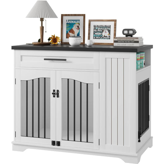 44 Inch Furniture Style Dog Crate With Side Storage & Built-in Feeding Station For Pets