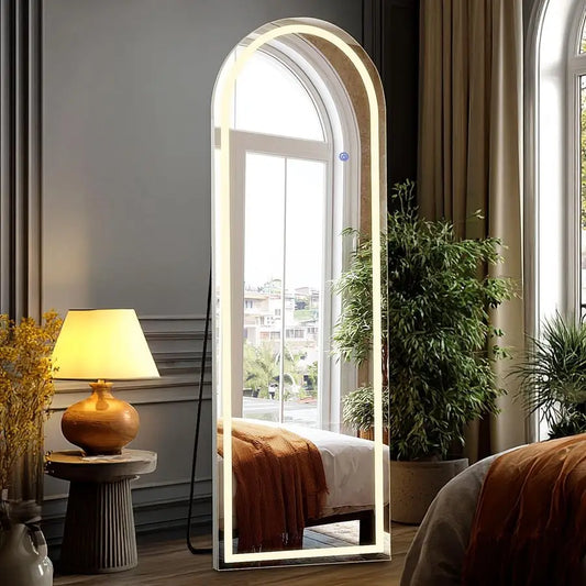 Arched Full Length Standing Floor or Wall Mounted Mirror with 3 Color LED Lights