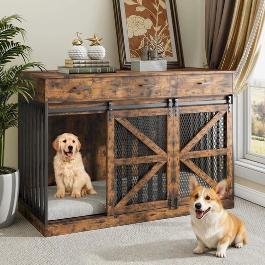 48 Inch Large Dog  Furniture Crate with 3 Storage Drawers, and Removable Divider