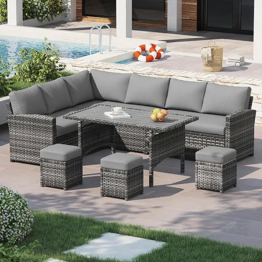 All-Weather Grey Rattan Patio Furniture Set with Sectional Sofa, Dining Table, Chairs, and Ottoman