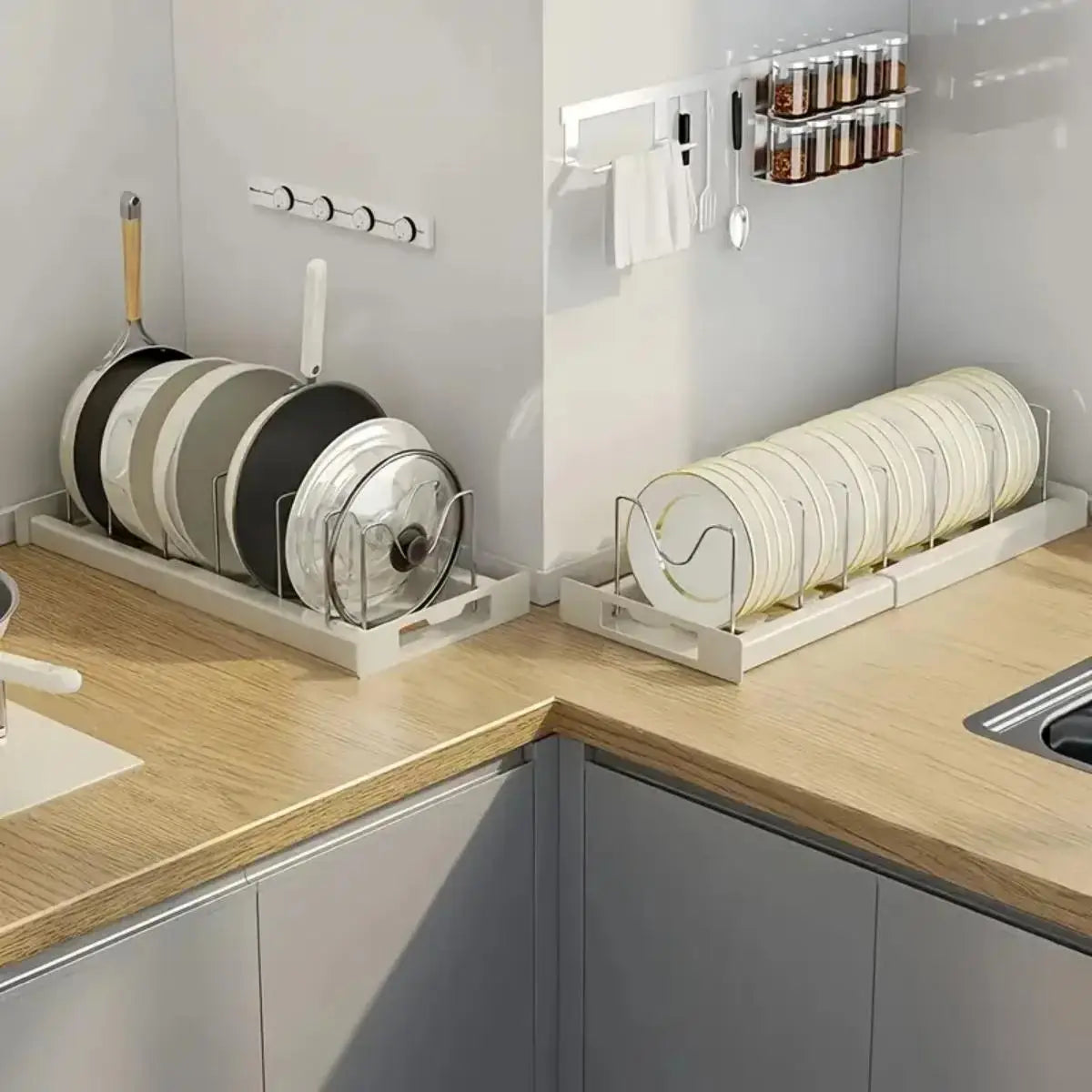 Under Counter Expandable Kitchen Pot & Pan Organizer with 7 Adjustable Dividers