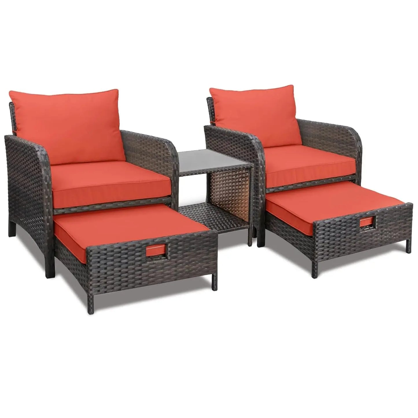 5 Piece Balcony Wicker Rattan Furniture Patio Conversation Set with Lounge Chairs and Footstools.
