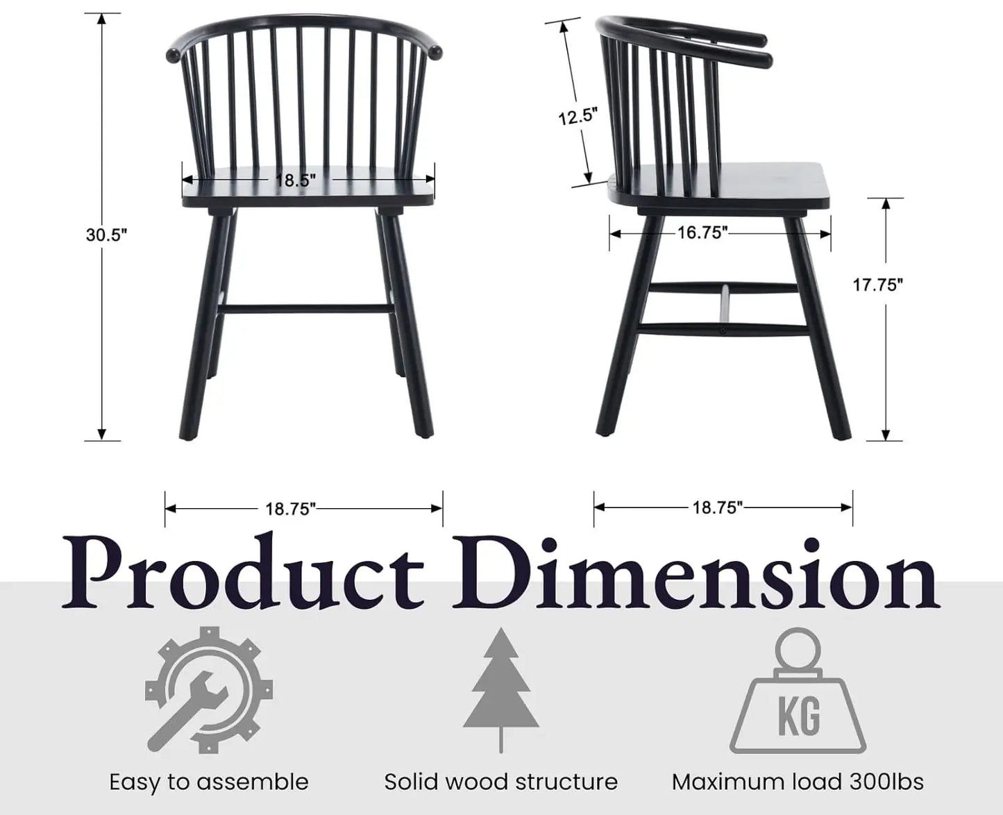 Set of 4 Black Wooden Farmhouse Dining Chairs with Wide Curved Spindle Back