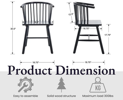 Set of 4 Black Wooden Farmhouse Dining Chairs with Wide Curved Spindle Back