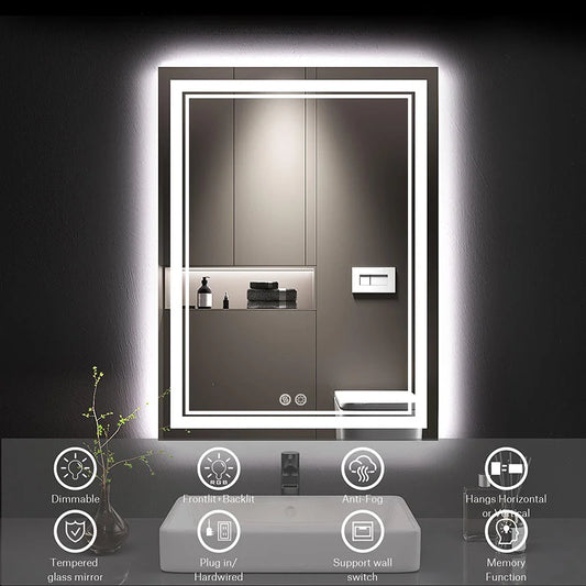 24x16in LED Lighted Bathroom Mirror with  Anti-Fog and Touch Dimmer Technology, Wall-Mounted