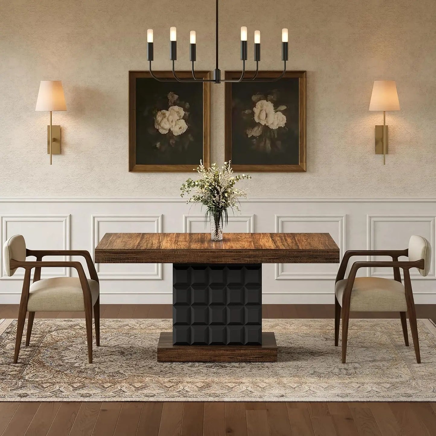 Modern Rectangular Dining Table for 4-6,  Sturdy Wood Pedestal Base in Rustic Brown & Black