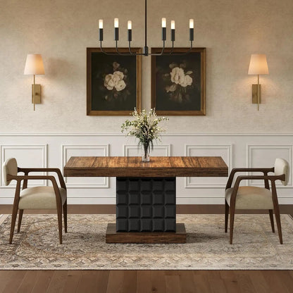 Modern Rectangular Dining Table for 4-6,  Sturdy Wood Pedestal Base in Rustic Brown & Black