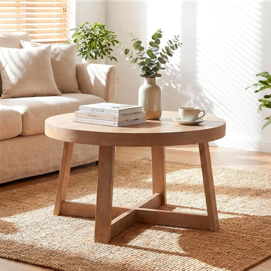 30" Round Coffee Table With Cross-Shaped Pine Wood Frame.