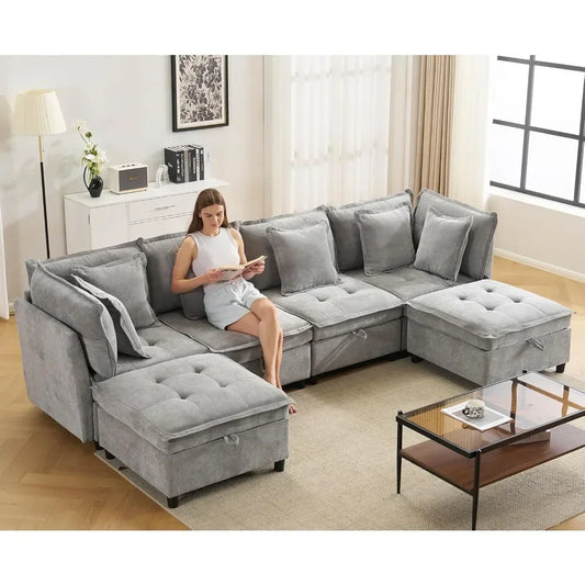 133"  Modern Oversized U-Shaped Cloud Sectional Modular Couch with 2 Storage Ottomans.