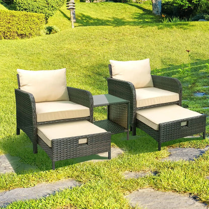 5 Piece Balcony Wicker Rattan Furniture Patio Conversation Set with Lounge Chairs and Footstools.