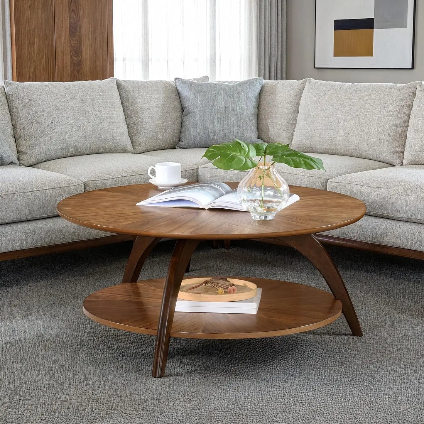 Round Wood Coffee Table with Lower Shelf . Caramel Brown with Walnut Brown Legs