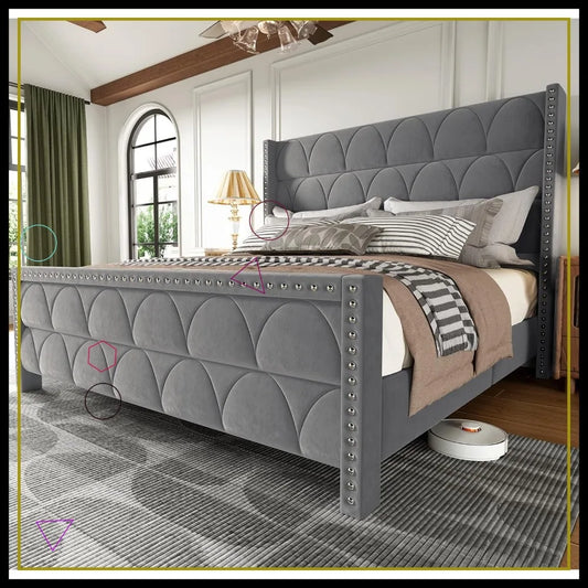 Sturdy Wood Platform King Size Bed Frame with 56" Velvet Headboard, Deep Gray