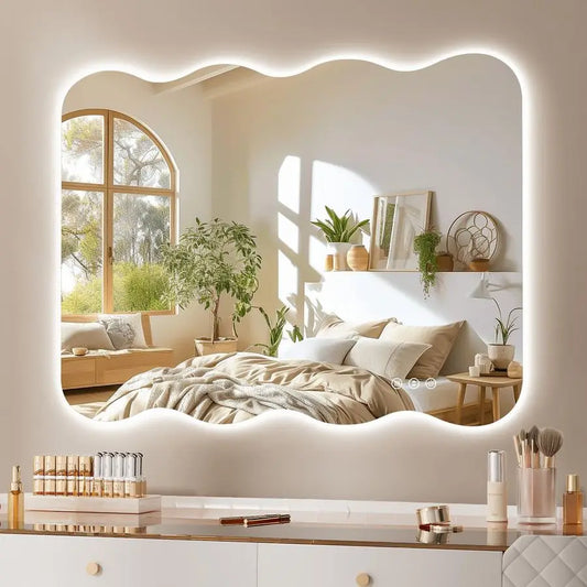 Wavy Full Length Mirror with LED Lights, Frameless, Dimmable, Standing or Wall Mounted