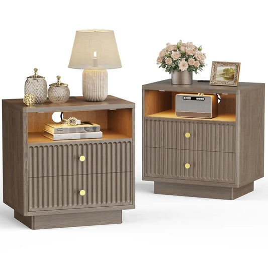 23'' Fluted Modern Night Stand Set of 2 with Charging Station & 2 Drawers, Nightstand with Sensor LED Light,
