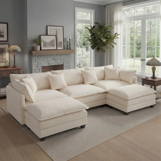 113.4" Modular Sectional Sofa with Ottoman with Deep Seat (23.6" D) and Solid Wood Frame