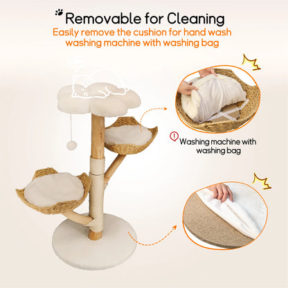 Modern Indoor Cat Activity Tower with Plush Cushion, Scratching Post and Toy Ball.