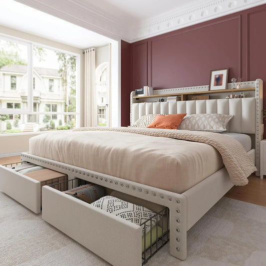 Queen Size Upholstered Bed Frame, with 2 Storage Drawers and 2-Tier Vertical Tufted Headboard