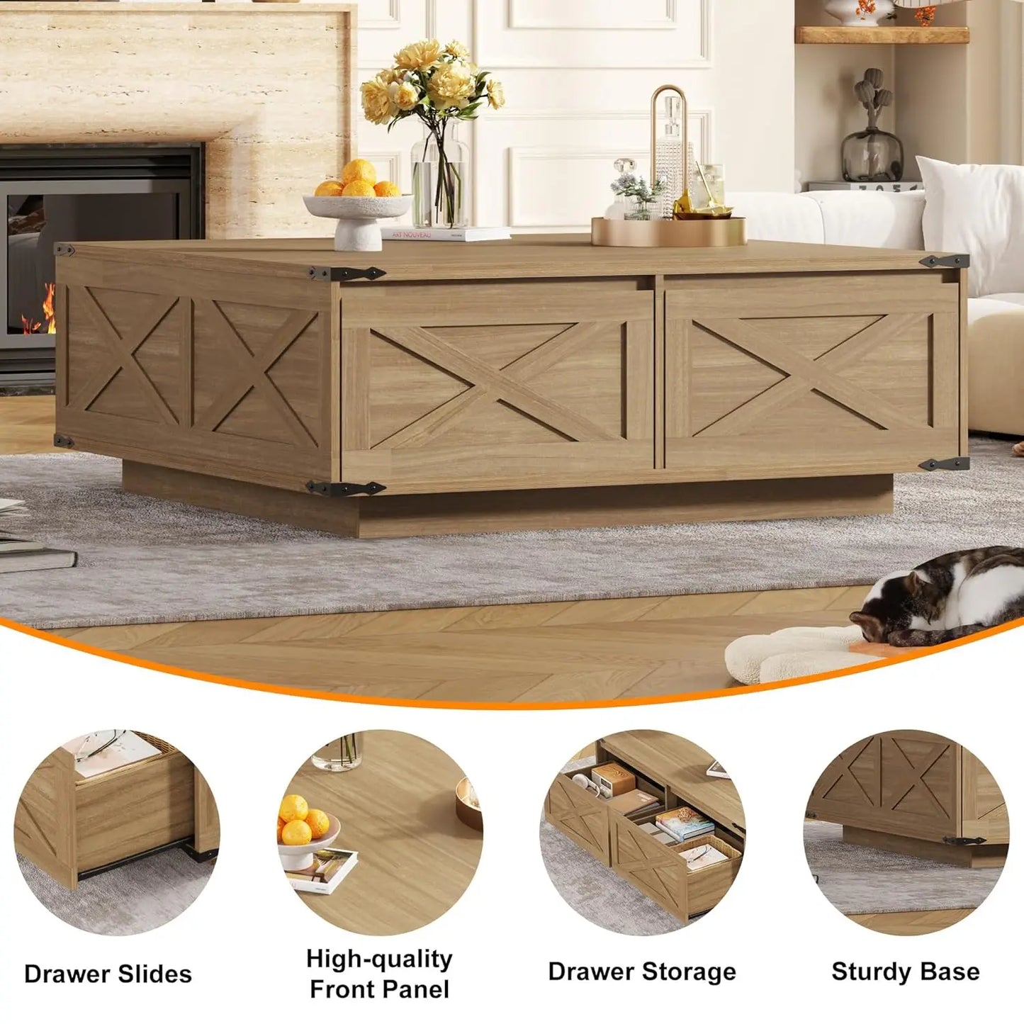 47” Farmhouse Square Coffee Table with 4 Drawers