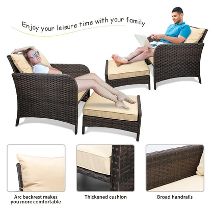 5 Piece Balcony Wicker Rattan Furniture Patio Conversation Set with Lounge Chairs and Footstools.