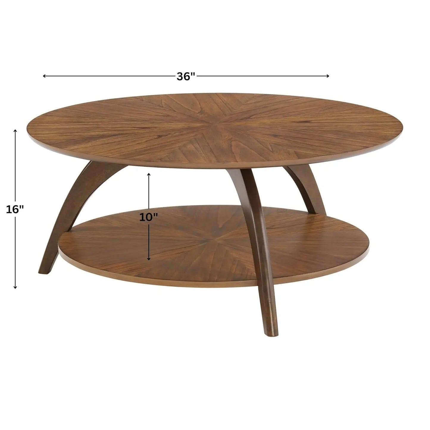 Round Wood Coffee Table with Lower Shelf . Caramel Brown with Walnut Brown Legs