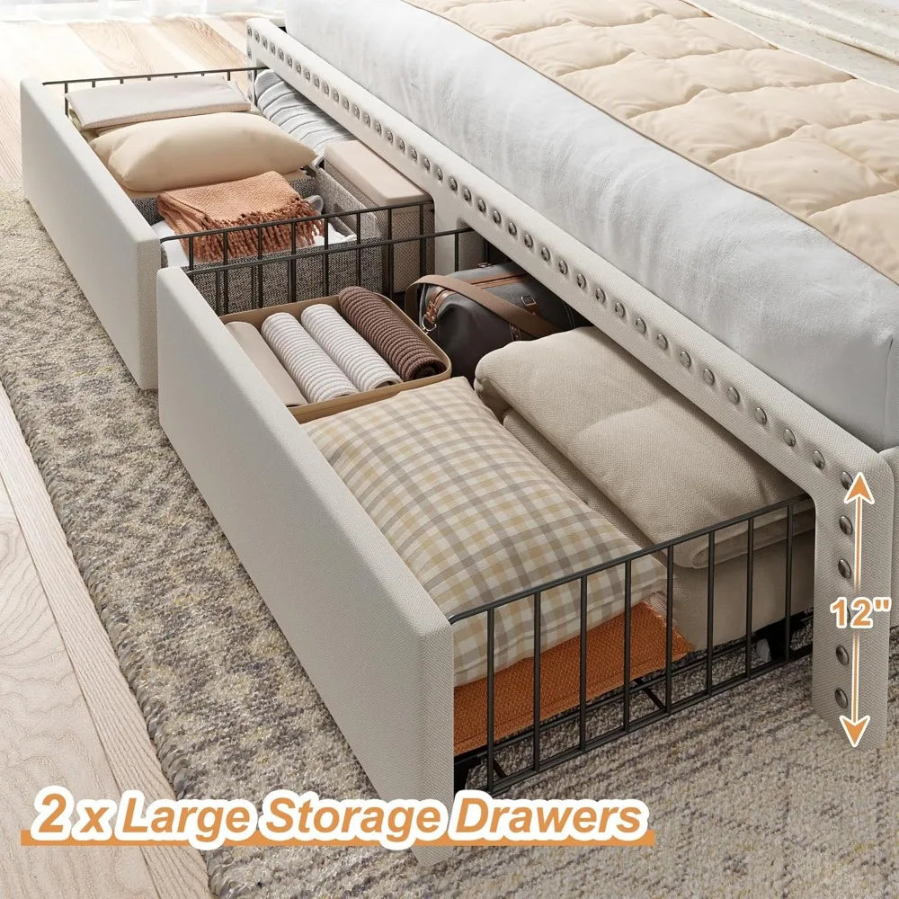 Queen Size Upholstered Bed Frame, with 2 Storage Drawers and 2-Tier Vertical Tufted Headboard