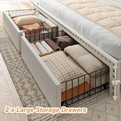 Queen Size Upholstered Bed Frame, with 2 Storage Drawers and 2-Tier Vertical Tufted Headboard