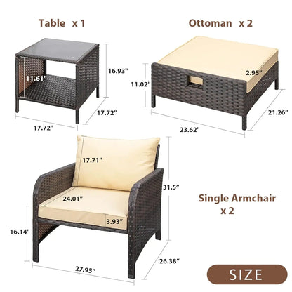 5 Piece Balcony Wicker Rattan Furniture Patio Conversation Set with Lounge Chairs and Footstools.