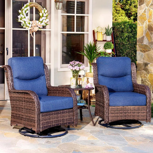 3 PCS Luxury High Back Wicker Swivel Rocker Patio Chairs with 6-inch Thick Cushions.