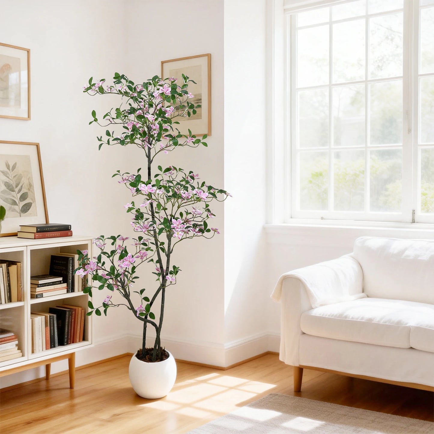 Realistic Pink Blossom Faux Jasmine Tree with UV-Resistant Leaves and  White Planter