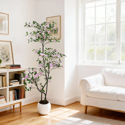 Realistic Pink Blossom Faux Jasmine Tree with UV-Resistant Leaves and  White Planter