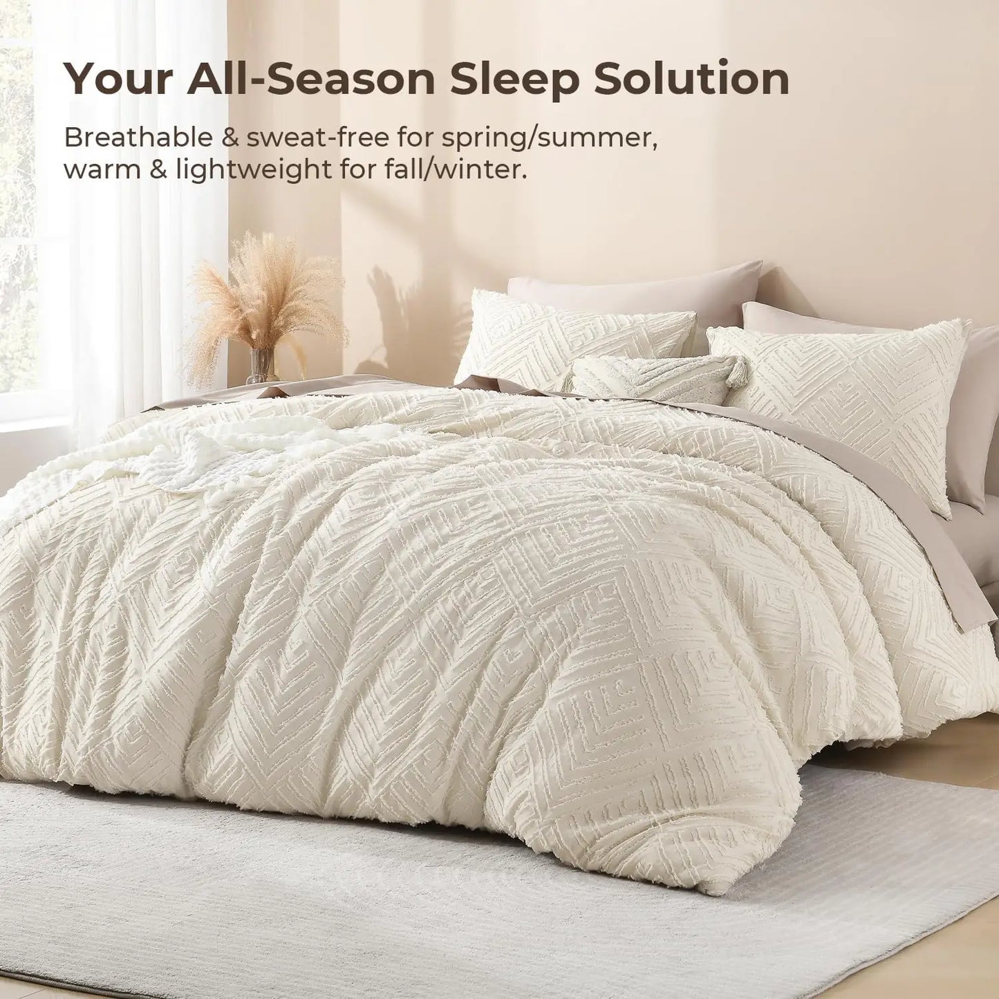 King Size Beige 3-Piece Comforter Set,  Boho Farmhouse Style with Tufted Design, Lightweight for All Seasons
