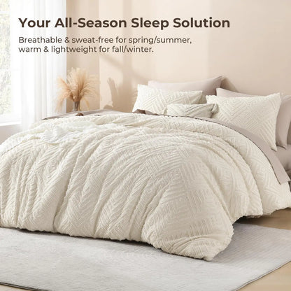King Size Beige 3-Piece Comforter Set,  Boho Farmhouse Style with Tufted Design, Lightweight for All Seasons