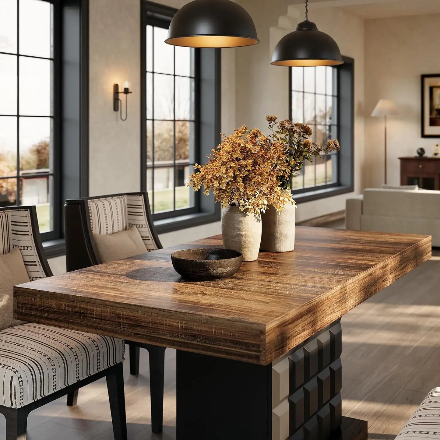 Modern Rectangular Dining Table for 4-6,  Sturdy Wood Pedestal Base in Rustic Brown & Black
