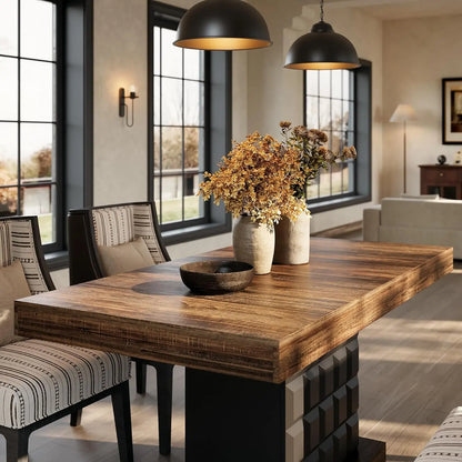 Modern Rectangular Dining Table for 4-6,  Sturdy Wood Pedestal Base in Rustic Brown & Black